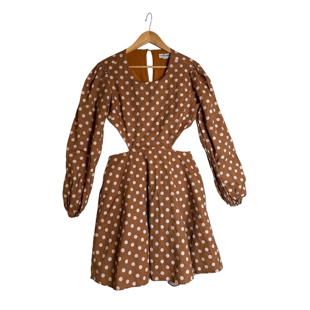 Charlie Holiday Halcyon Polka Dot Open Back Mini Dress Brown Linen Blend Size 10 - Picture 2 of 9